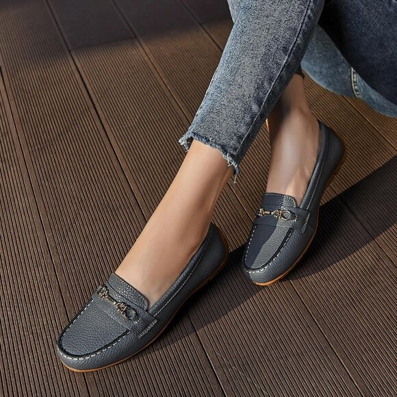 Kordal Women's Grey Leather Gold Accent Buckle Slip-Ons Walking Flats Loafers - Picture 7 of 9